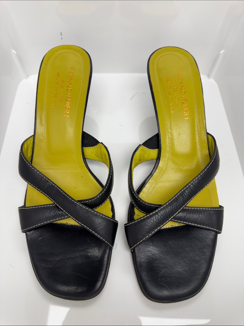 Donald J. Pliner Black Leather Crisscross Mules with Yellow Insole